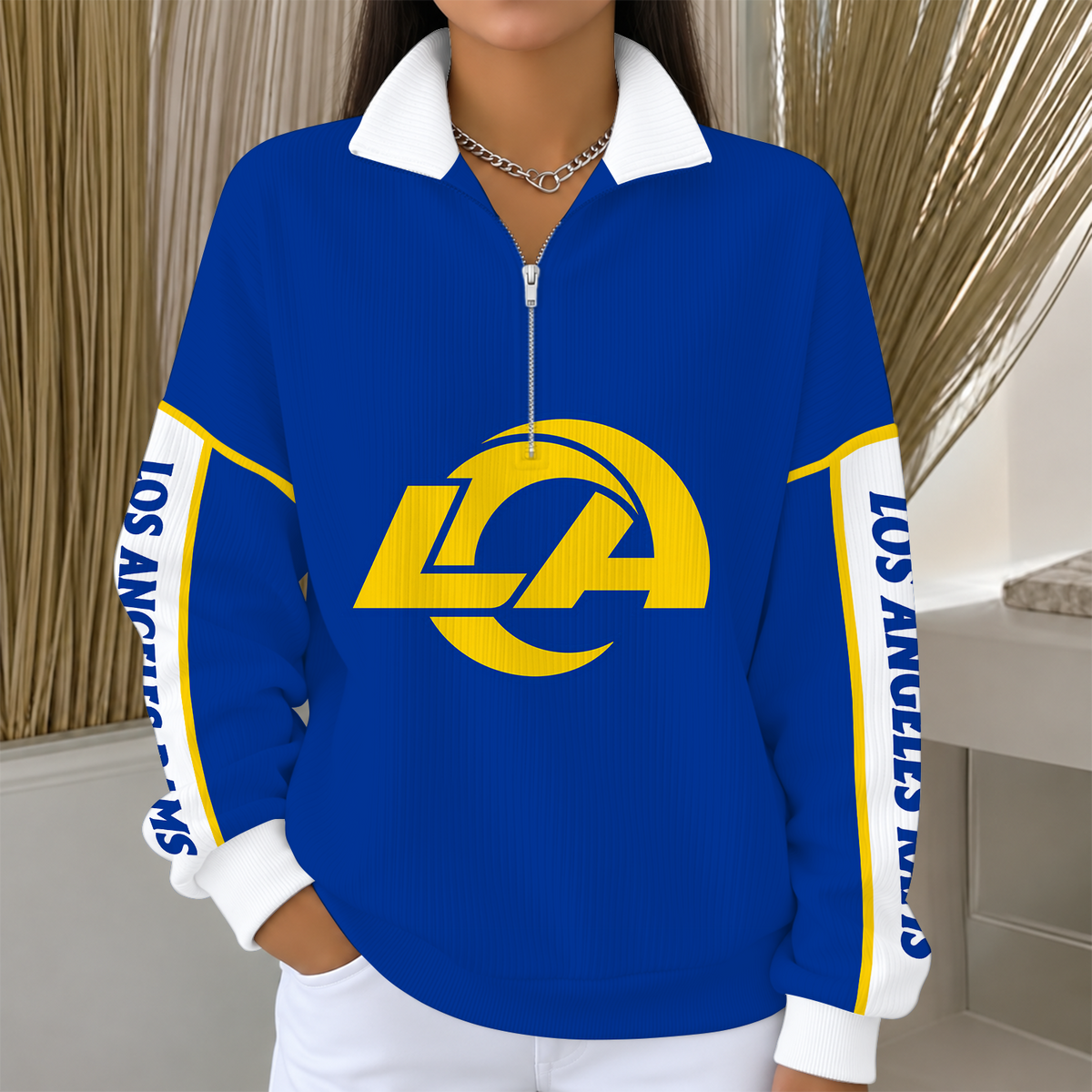 [SPECIAL OFFER] NEW CUSTOMIZED NFL22 LAR LOS ANGELES RAMS QUARTER ZIP RIBBED SWEATER