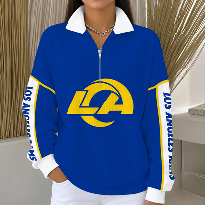 [SPECIAL OFFER] NEW CUSTOMIZED NFL22 LAR LOS ANGELES RAMS QUARTER ZIP RIBBED SWEATER