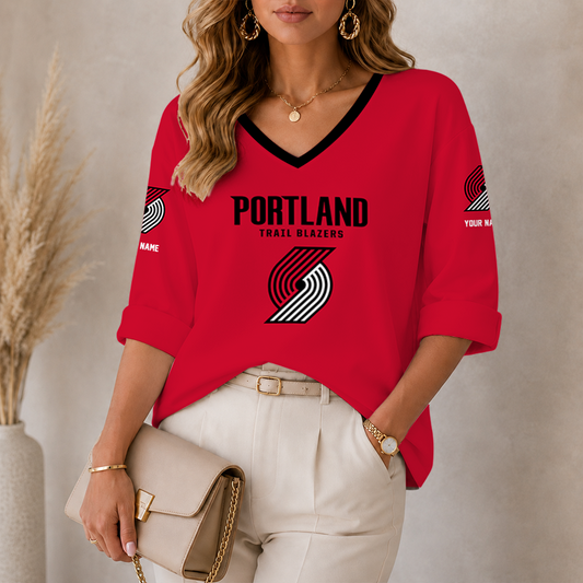 [HOT DEAL] NEW CUSTOMIZED NBA22 PTB PORTLAND TRAIL BLAZERS WOMEN'S HEART V-NECK LONG SLEEVE SHIRT