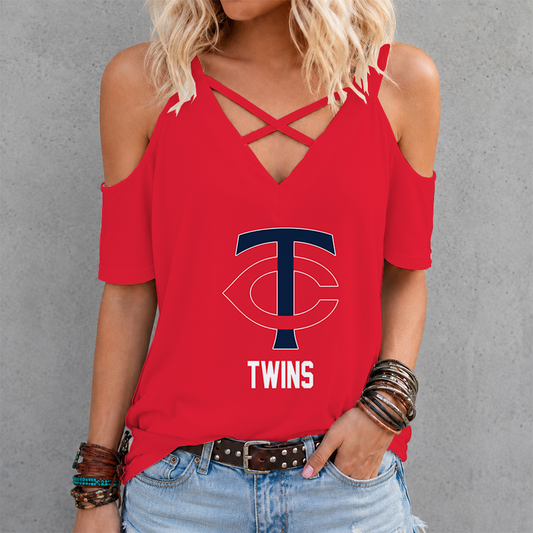 [FLASH SALE] NEW CUSTOMIZED MLB22 MTS MINNESOTA TWINS CRISS CROSS V-NECK TOP