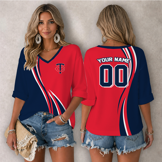 [FLASH SALE] NEW CUSTOMIZED MLB22 MTS MINNESOTA TWINS WOMEN'S HEART V-NECK LONG SLEEVE SHIRT