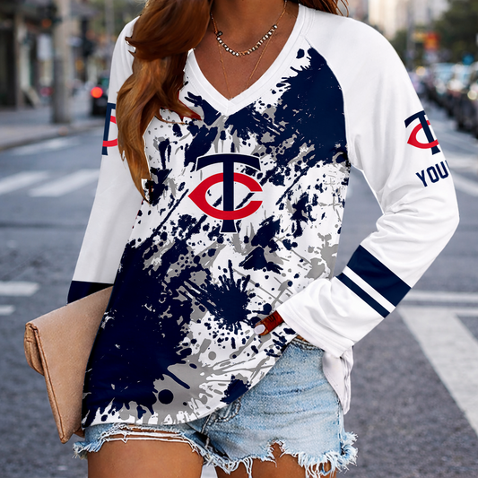 [FLASH SALE] NEW CUSTOMIZED MLB22 MTS MINNESOTA TWINS WOMEN'S V-NECK LONG SLEEVED SHIRT