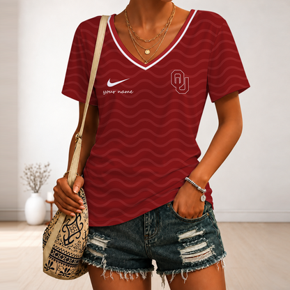 [FAN FAVORITE] NEW CUSTOMIZED NCAA CWS22 OUS OKLAHOMA SOONERS V-NECK FEMALE SHIRT