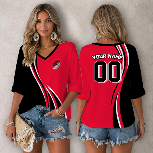 [HOT DEAL] NEW CUSTOMIZED NBA22 PTB PORTLAND TRAIL BLAZERS WOMEN'S HEART V-NECK LONG SLEEVE SHIRT