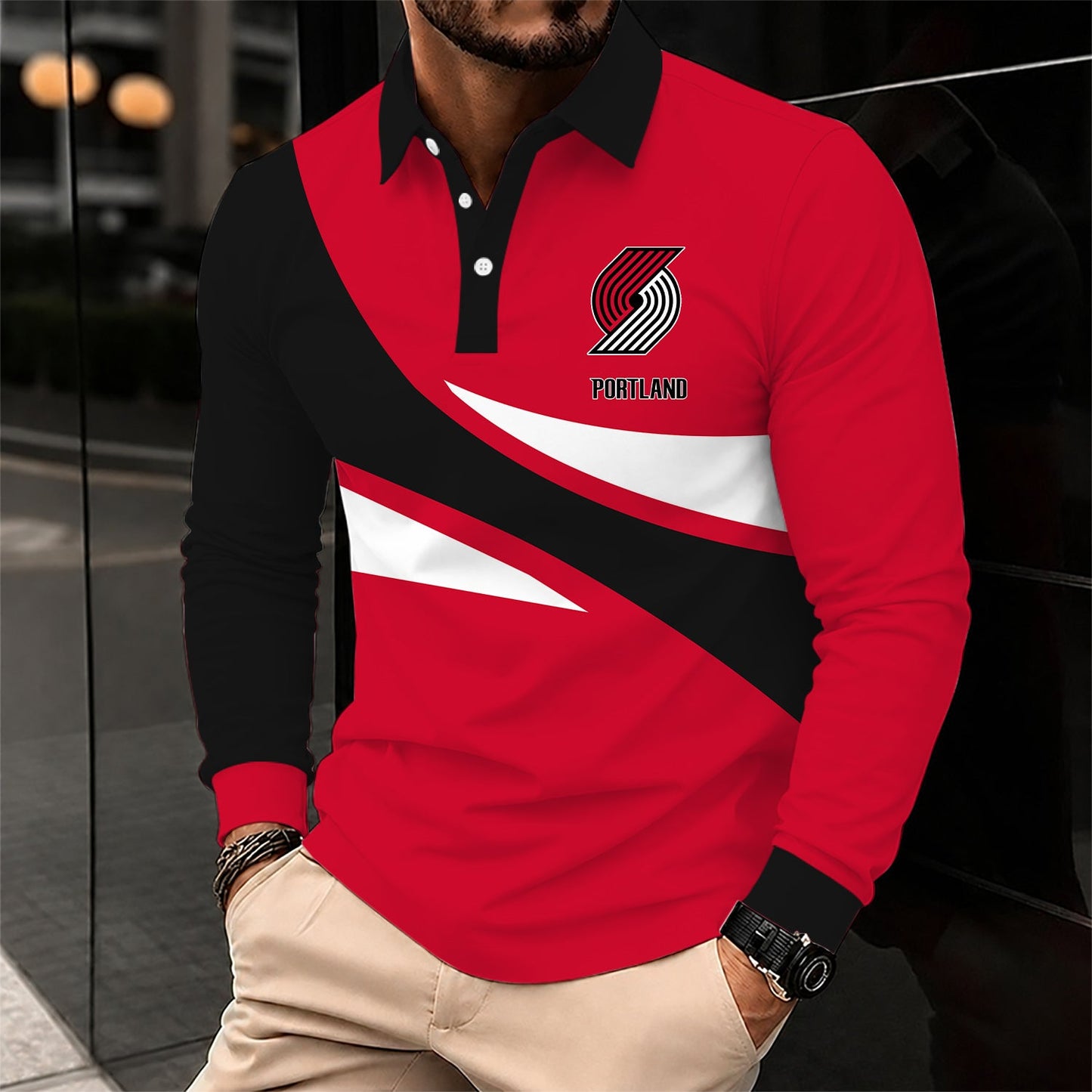 [HOT DEAL] NEW CUSTOMIZED NBA22 PTB PORTLAND TRAIL BLAZERS MEN LONG SLEEVE POLO