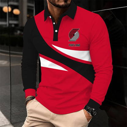 [HOT DEAL] NEW CUSTOMIZED NBA22 PTB PORTLAND TRAIL BLAZERS MEN LONG SLEEVE POLO