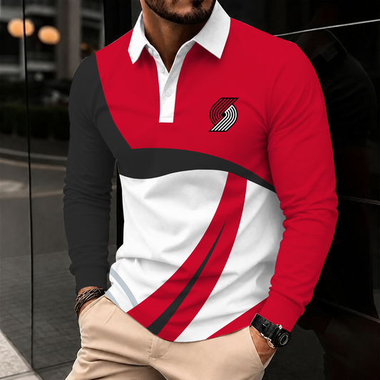 [HOT DEAL] NEW CUSTOMIZED NBA22 PTB PORTLAND TRAIL BLAZERS MEN LONG SLEEVE POLO