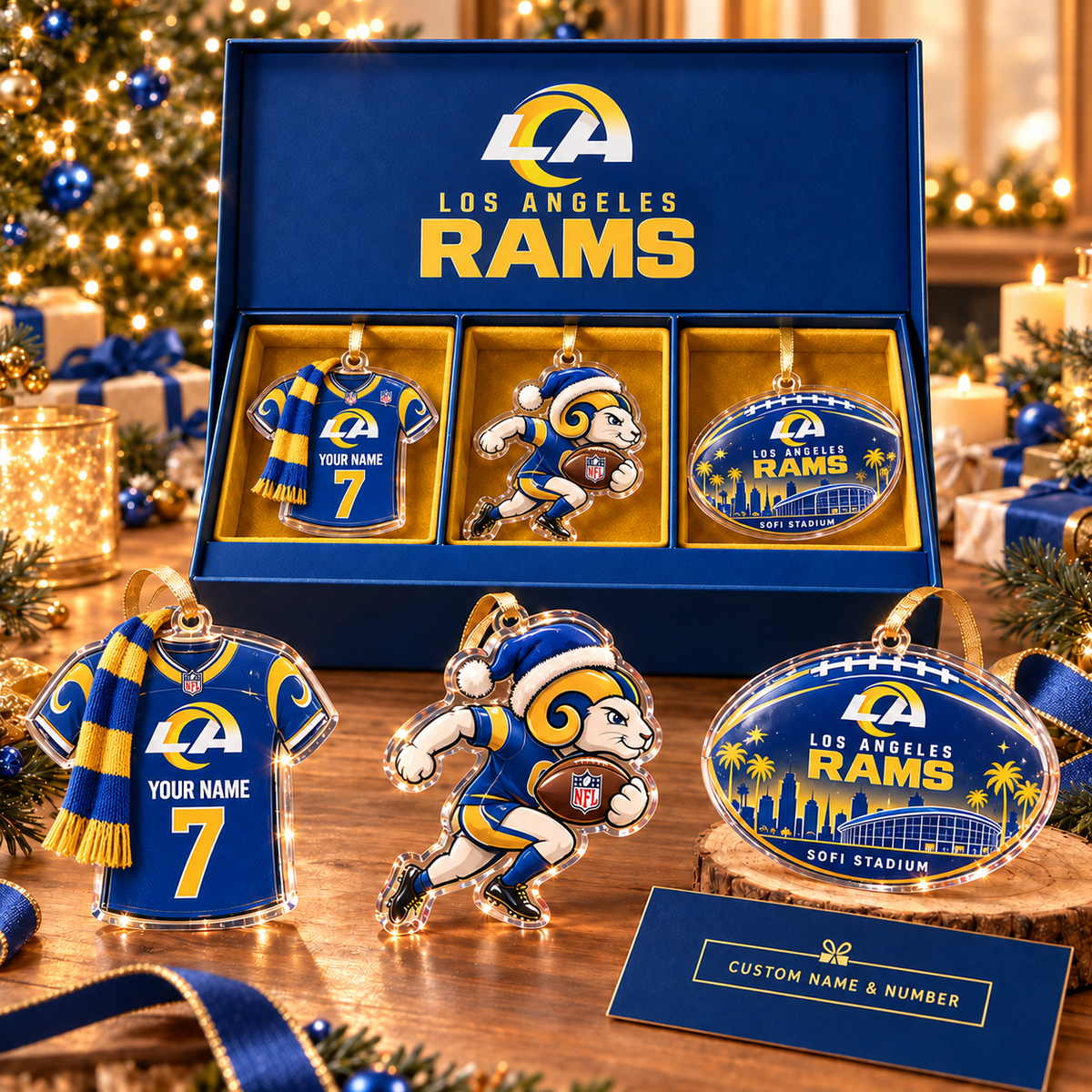 [FULL SET 3 ITEMS - NO BOX] NEW CUSTOMIZED NFL22 LAR LOS ANGELES RAMS CHRISTMAS ACRYLIC ORNAMENT