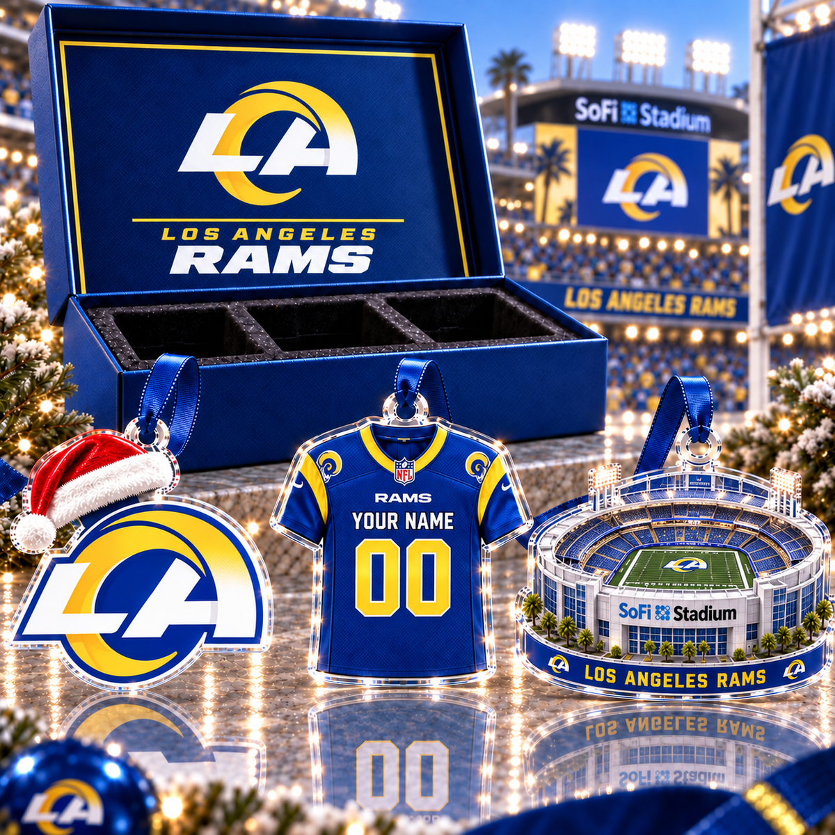 [FULL SET 3 ITEMS - NO BOX] NEW CUSTOMIZED NFL22 LAR LOS ANGELES RAMS CHRISTMAS ACRYLIC ORNAMENT