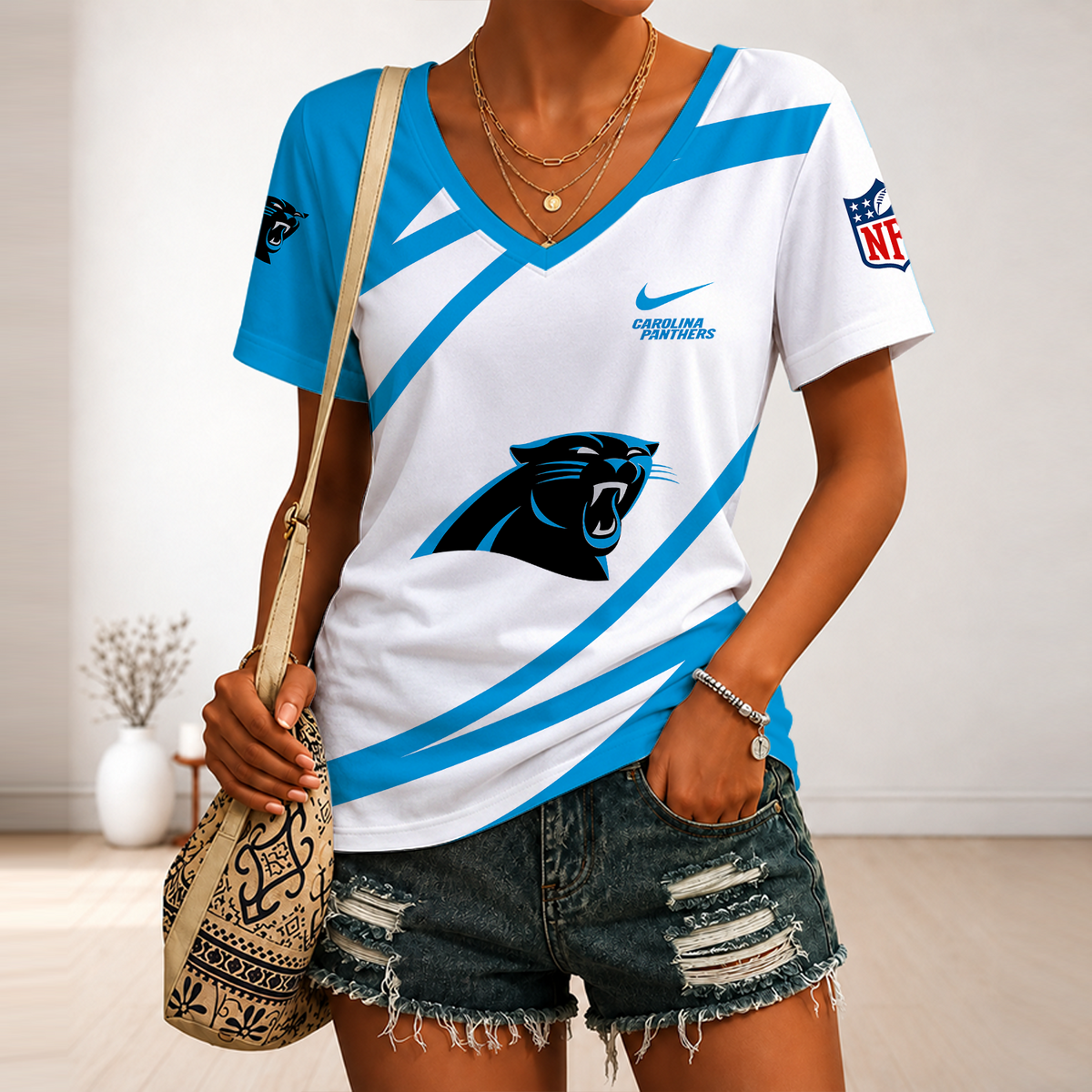 [SPECIAL OFFER] NEW CUSTOMIZED NFL23 CLP CAROLINA PANTHERS V-NECK FEMALE SHIRT