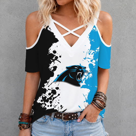 [SPECIAL OFFER] NEW CUSTOMIZED NFL23 CLP CAROLINA PANTHERS CRISS CROSS V-NECK TOP