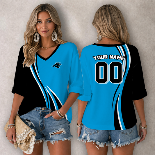[SPECIAL OFFER] NEW CUSTOMIZED NFL23 CLP CAROLINA PANTHERS WOMEN'S HEART V-NECK LONG SLEEVE SHIRT