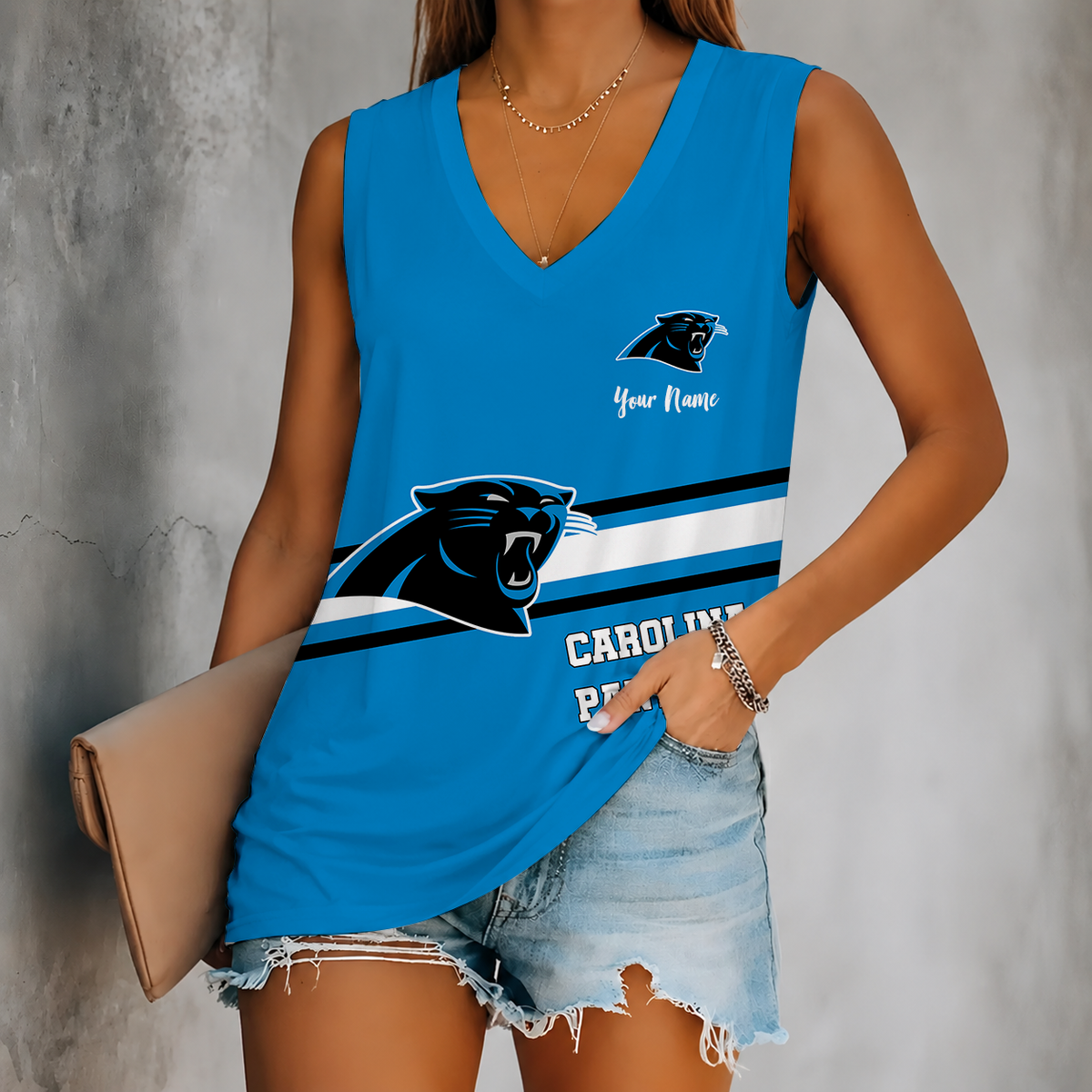 [SPECIAL OFFER] NEW CUSTOMIZED NFL23 CLP CAROLINA PANTHERS WOMEN'S V-NECK TANK TOP