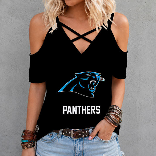 [SPECIAL OFFER] NEW CUSTOMIZED NFL23 CLP CAROLINA PANTHERS CRISS CROSS V-NECK TOP