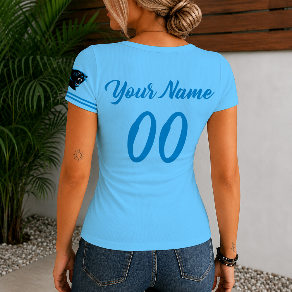 [SPECIAL OFFER] NEW CUSTOMIZED NFL23 CLP CAROLINA PANTHERS WOMEN'S SHORT SLEEVE HENLEY T-SHIRT