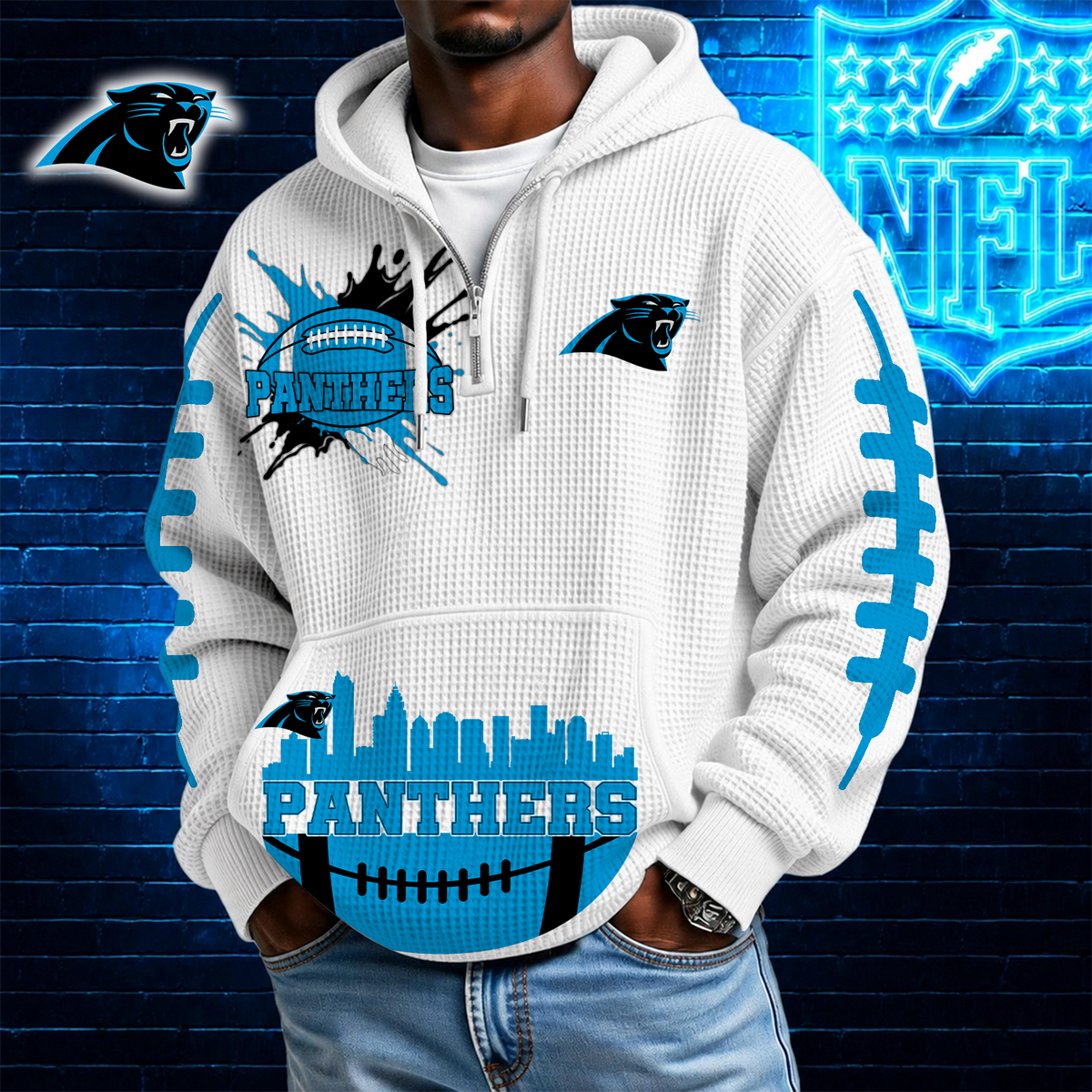 [SPECIAL OFFER] NEW CUSTOMIZED NFL23 CLP CAROLINA PANTHERS WAFFLE FULL ZIP HOODIE