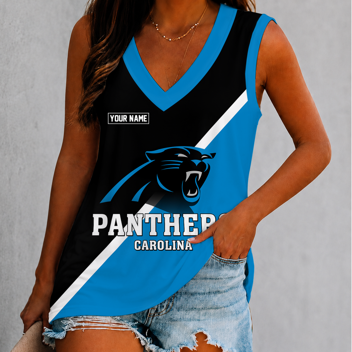 [SPECIAL OFFER] NEW CUSTOMIZED NFL23 CLP CAROLINA PANTHERS WOMEN'S V-NECK TANK TOP
