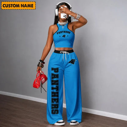 [SPECIAL OFFER] NEW CUSTOMIZED NFL23 CLP CAROLINA PANTHERS WOMEN'S CROP TOP & LONGPANTS SET