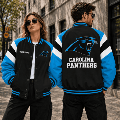 [SPECIAL OFFER] NEW CUSTOMIZED NFL23 CLP CAROLINA PANTHERS SATIN VARSITY & BASEBALL JACKET