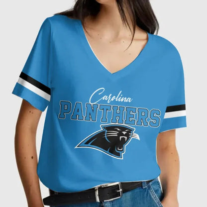 [SPECIAL OFFER] NEW CUSTOMIZED NFL23 CLP CAROLINA PANTHERS V-NECK FEMALE SHIRT