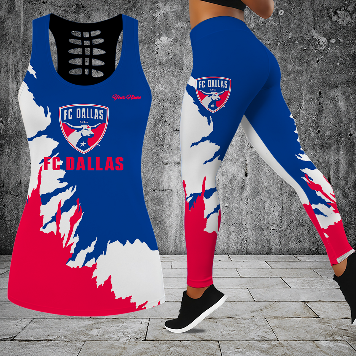 [FAN EXCLUSIVE] NEW CUSTOMIZED MLS23 FCD FC DALLAS HOLLOW TANK TOP & LEGGINGS SET