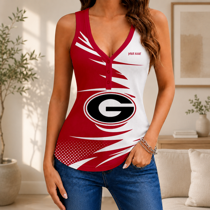 [FAN FAVORITE] NEW CUSTOMIZED NCAA CWS23 GEB GEORGIA BULLDOGS WOMEN'S V-NECK TANK TOP
