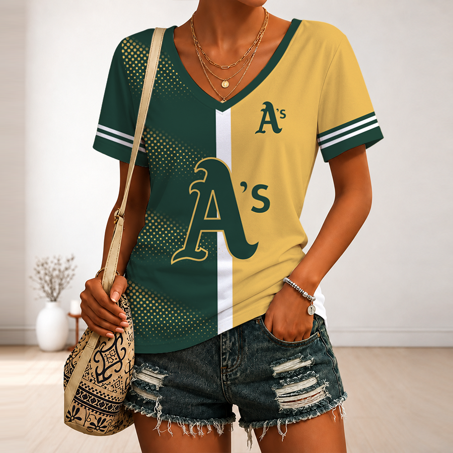 [FLASH SALE] NEW CUSTOMIZED MLB23 OAS OAKLAND ATHLETICS V-NECK FEMALE SHIRT