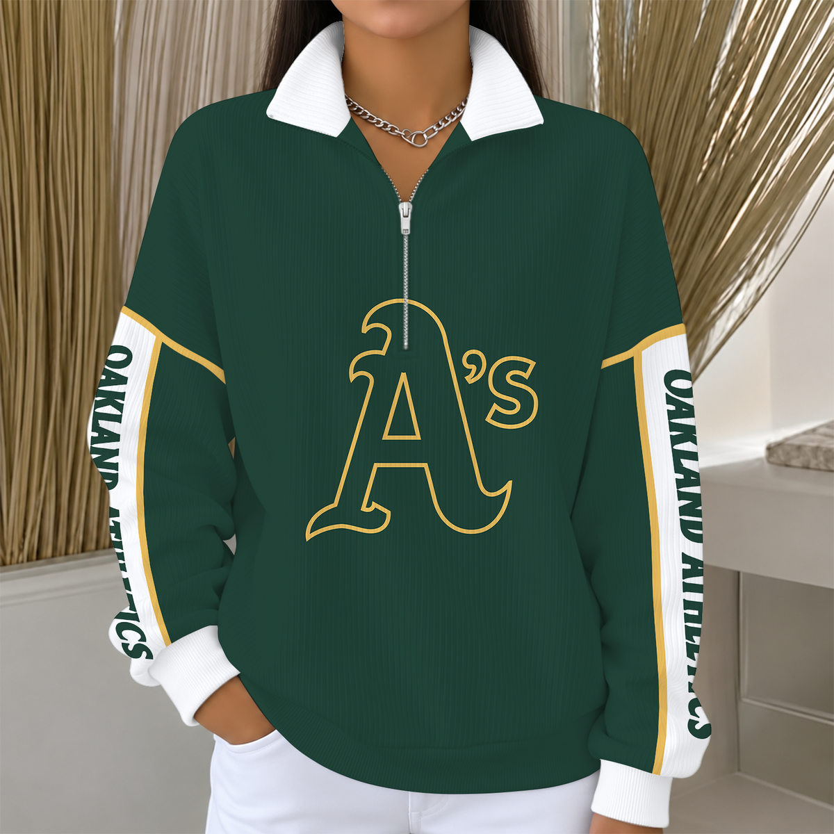 [SPECIAL OFFER] NEW CUSTOMIZED MLB23 OAS OAKLAND ATHLETICS QUARTER ZIP RIBBED SWEATER