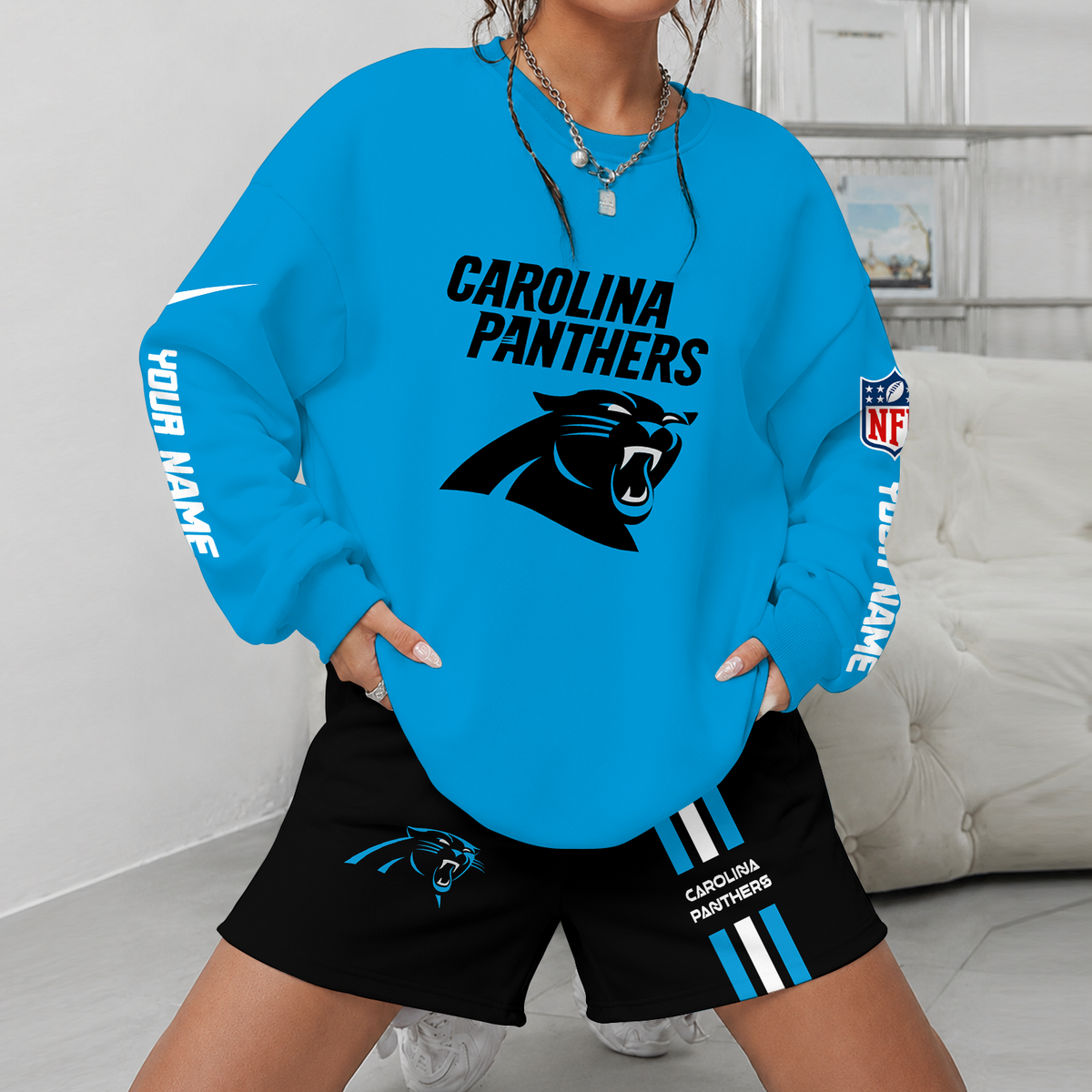 [SPECIAL OFFER] NEW CUSTOMIZED NFL23 CLP CAROLINA PANTHERS UNISEX SWEATSHIRT & SHORTS SET