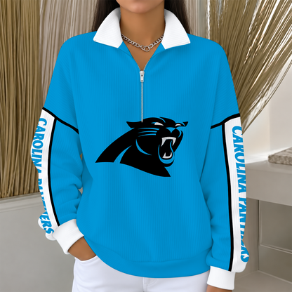 [SPECIAL OFFER] NEW CUSTOMIZED NFL23 CLP CAROLINA PANTHERS QUARTER ZIP RIBBED SWEATER