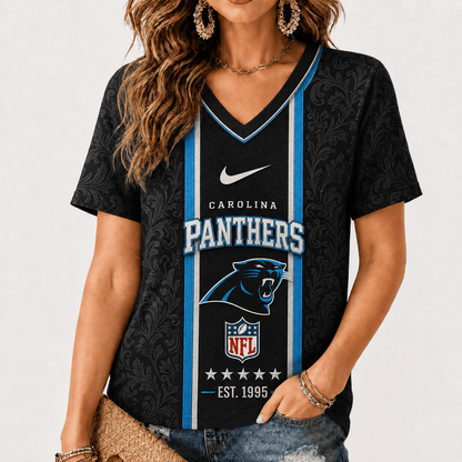 [SPECIAL OFFER] NEW CUSTOMIZED NFL23 CLP CAROLINA PANTHERS V-NECK FEMALE SHIRT