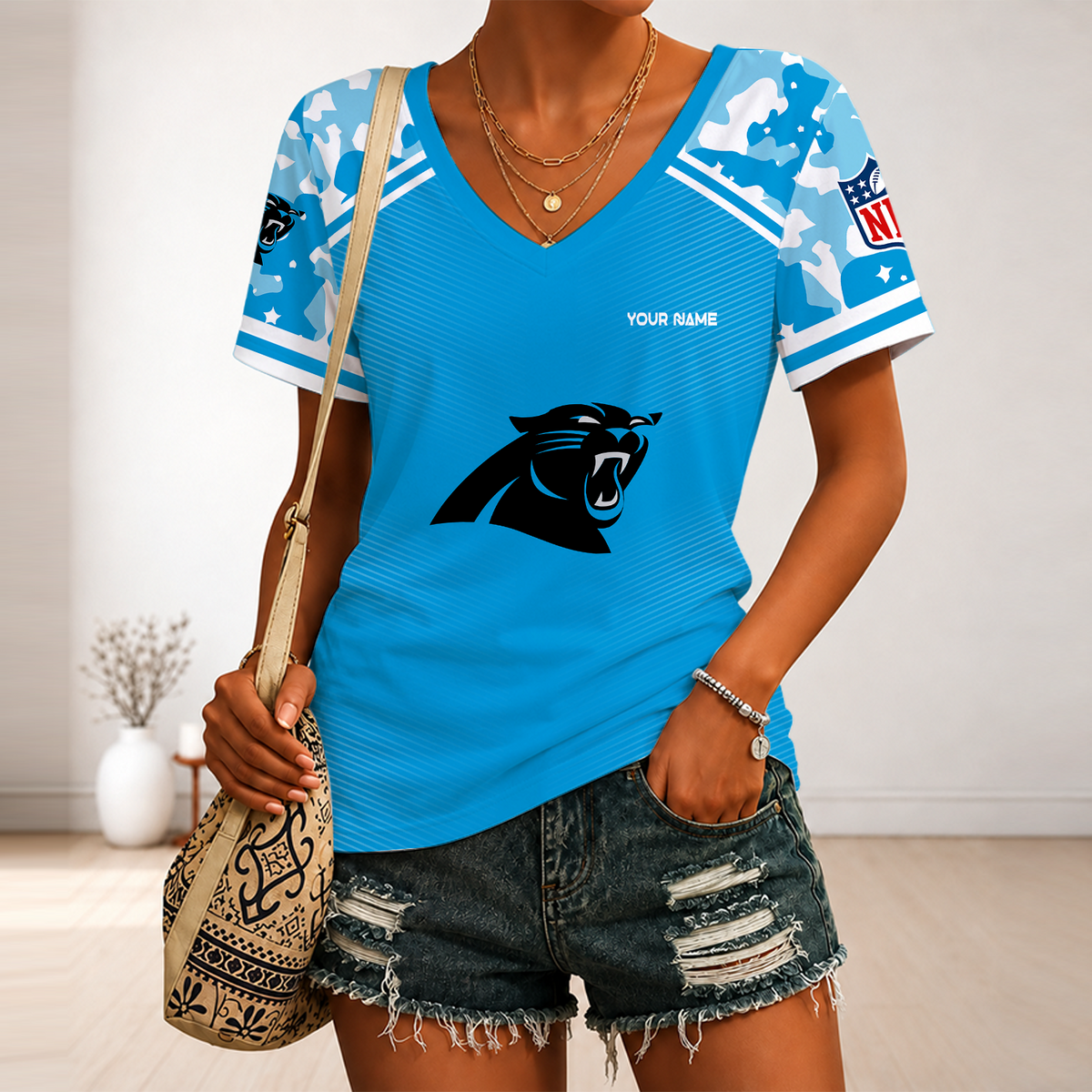 [SPECIAL OFFER] NEW CUSTOMIZED NFL23 CLP CAROLINA PANTHERS V-NECK FEMALE SHIRT