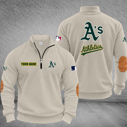 [FLASH SALE] NEW CUSTOMIZED MLB23 OAS OAKLAND ATHLETICS MULTICOLOR STRIPED QUATER ZIP SWEATSHIRT