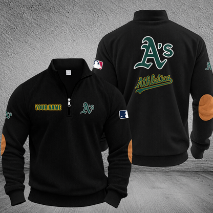 [FLASH SALE] NEW CUSTOMIZED MLB23 OAS OAKLAND ATHLETICS MULTICOLOR STRIPED QUATER ZIP SWEATSHIRT