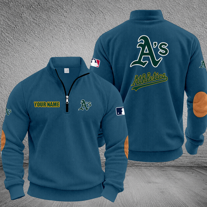 [FLASH SALE] NEW CUSTOMIZED MLB23 OAS OAKLAND ATHLETICS MULTICOLOR STRIPED QUATER ZIP SWEATSHIRT
