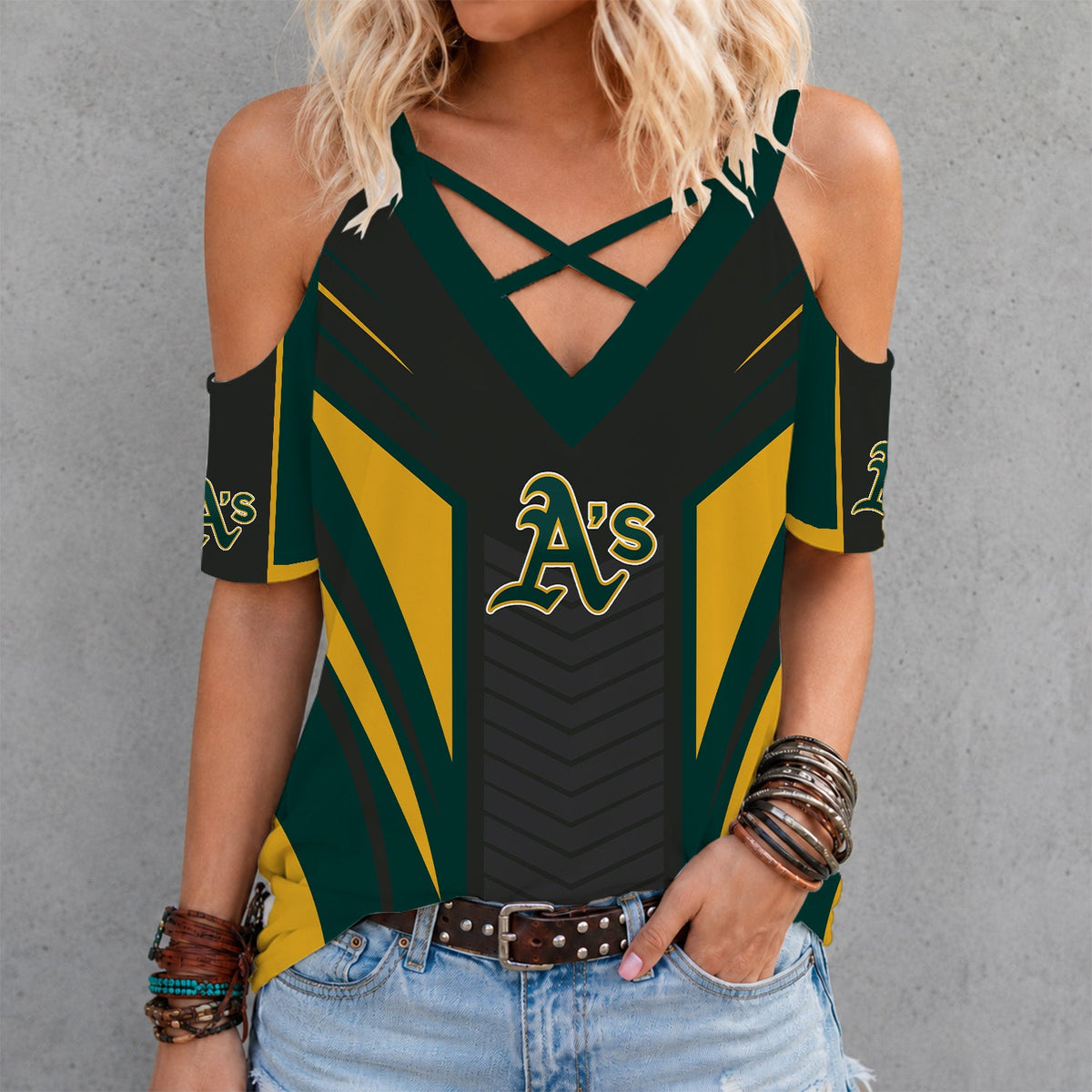 [FLASH SALE] NEW CUSTOMIZED MLB23 OAS OAKLAND ATHLETICS CRISS CROSS V-NECK TOP