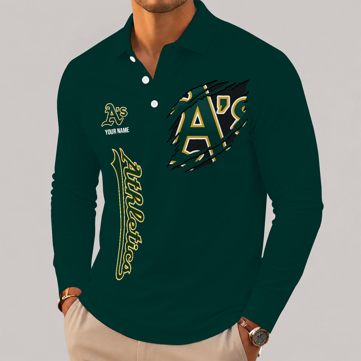 [FLASH SALE] NEW CUSTOMIZED MLB23 OAS OAKLAND ATHLETICS MEN'S LONG SLEEVE POLO
