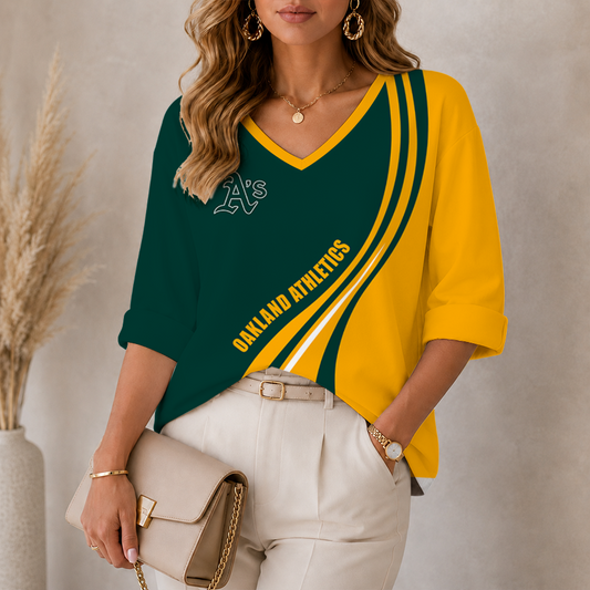 [FLASH SALE] NEW CUSTOMIZED MLB23 OAS OAKLAND ATHLETICS WOMEN'S HEART V-NECK LONG SLEEVE SHIRT