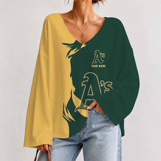 [FLASH SALE] NEW CUSTOMIZED MLB23 OAS OAKLAND ATHLETICS V-NECK LONG SLEEVED CROP TOP