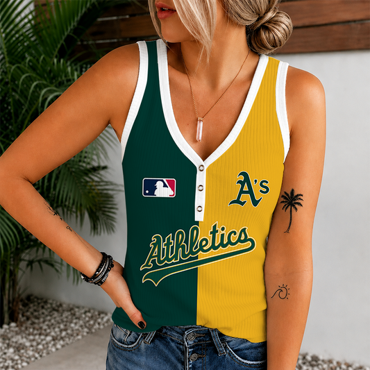 [FLASH SALE] NEW CUSTOMIZED MLB23 OAS OAKLAND ATHLETICS WOMEN'S V-NECK TANK TOP