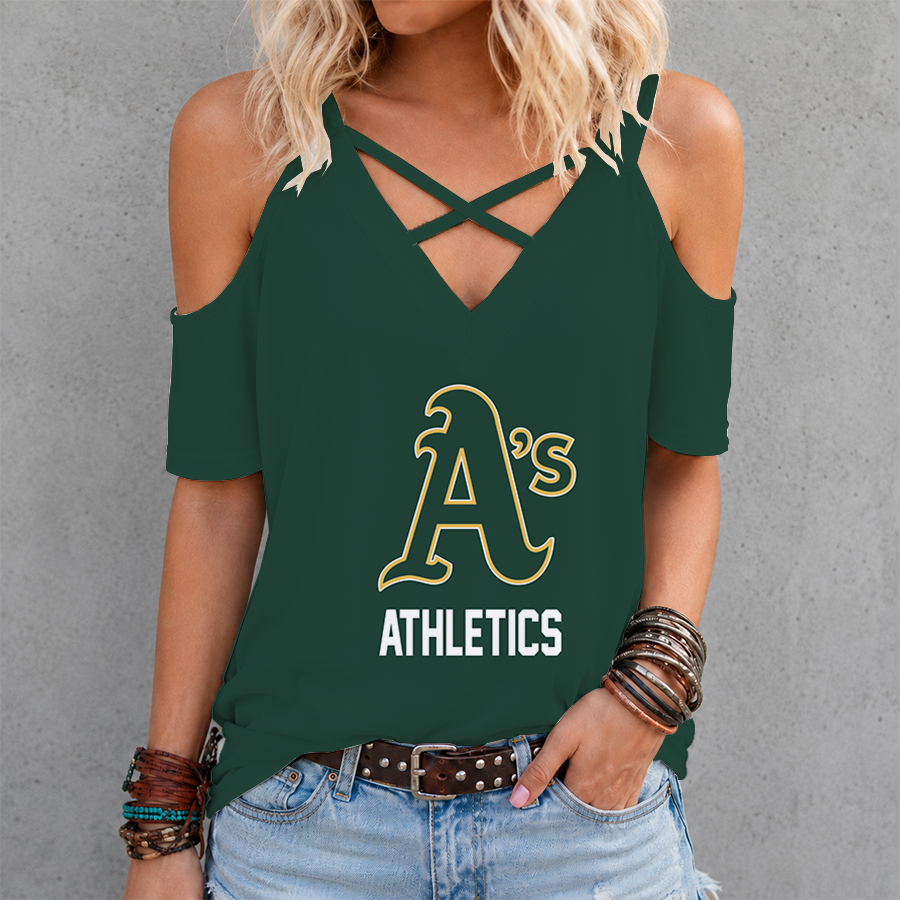 [FLASH SALE] NEW CUSTOMIZED MLB23 OAS OAKLAND ATHLETICS CRISS CROSS V-NECK TOP