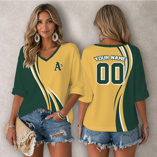 [FLASH SALE] NEW CUSTOMIZED MLB23 OAS OAKLAND ATHLETICS WOMEN'S HEART V-NECK LONG SLEEVE SHIRT