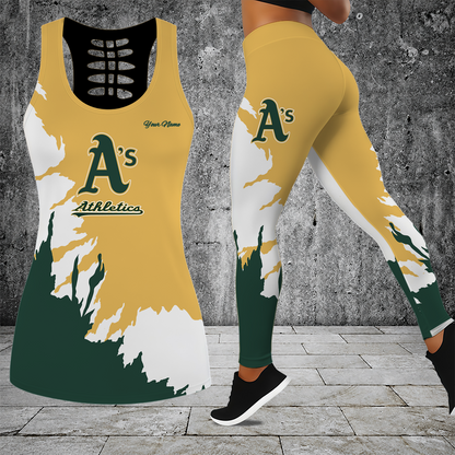 [FLASH SALE] NEW CUSTOMIZED MLB23 OAS OAKLAND ATHLETICS HOLLOW TANK TOP & LEGGINGS SET