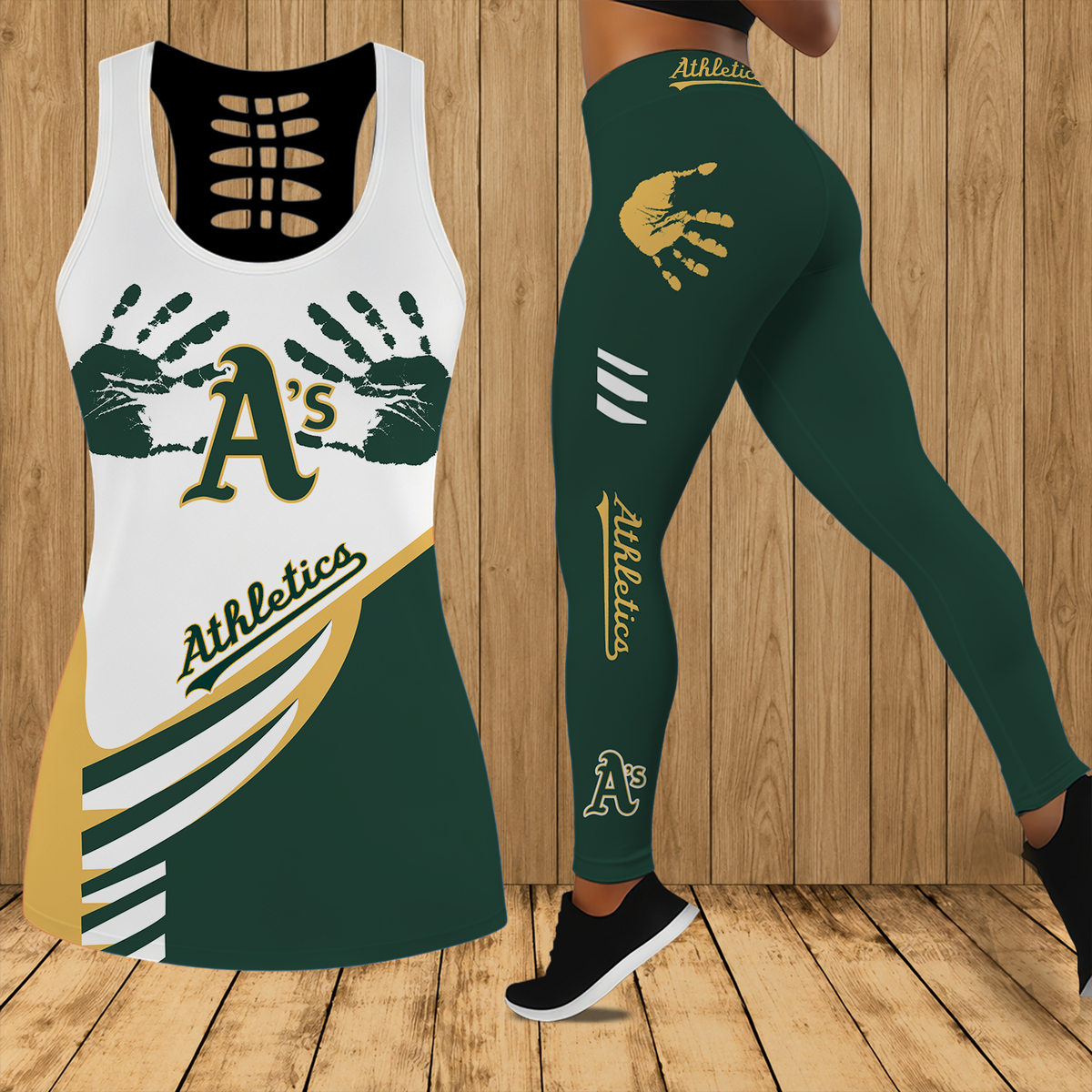 [FLASH SALE] NEW CUSTOMIZED MLB23 OAS OAKLAND ATHLETICS HOLLOW TANK TOP & LEGGINGS SET
