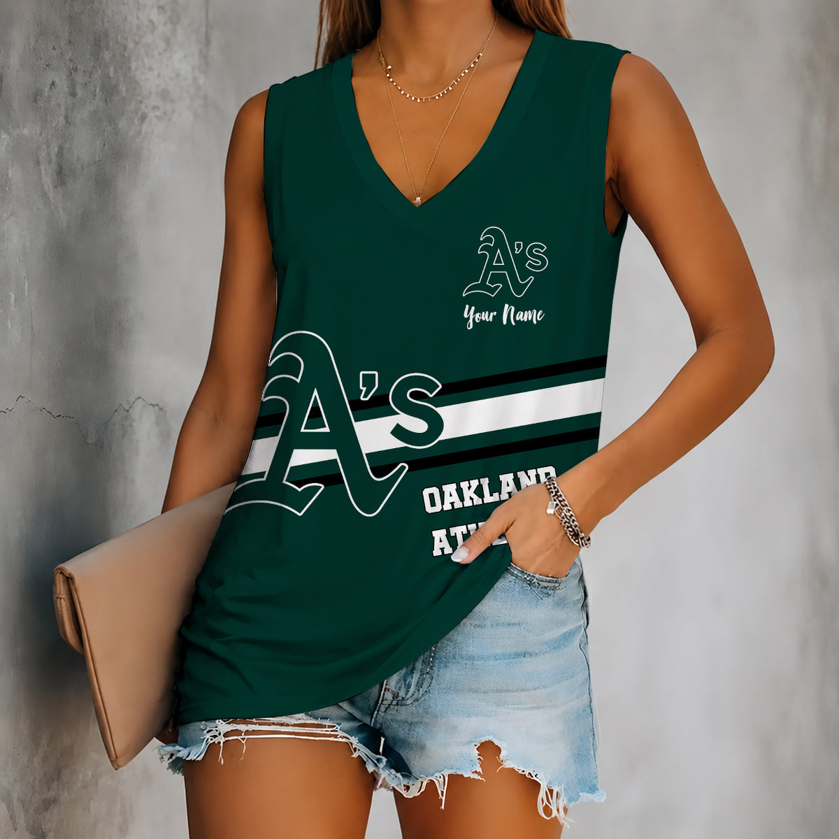 [FLASH SALE] NEW CUSTOMIZED MLB23 OAS OAKLAND ATHLETICS WOMEN'S V-NECK TANK TOP