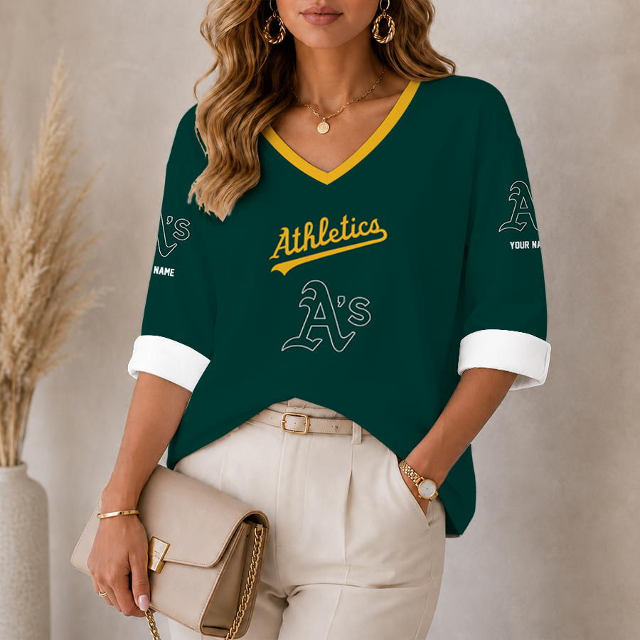 [FLASH SALE] NEW CUSTOMIZED MLB23 OAS OAKLAND ATHLETICS WOMEN'S HEART V-NECK LONG SLEEVE SHIRT