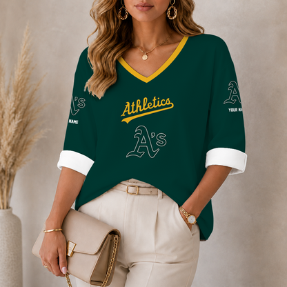 [FLASH SALE] NEW CUSTOMIZED MLB23 OAS OAKLAND ATHLETICS WOMEN'S HEART V-NECK LONG SLEEVE SHIRT