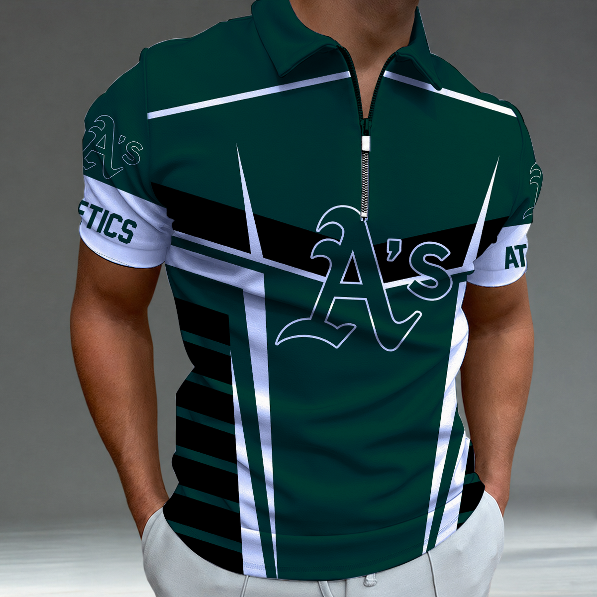 [FLASH SALE] NEW CUSTOMIZED MLB23 OAS OAKLAND ATHLETICS ZIP POLO SHIRT
