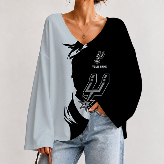 [HOT DEAL] NEW CUSTOMIZED NBA23 SAS SAN ANTONIO SPURS V-NECK LONG SLEEVED CROP TOP
