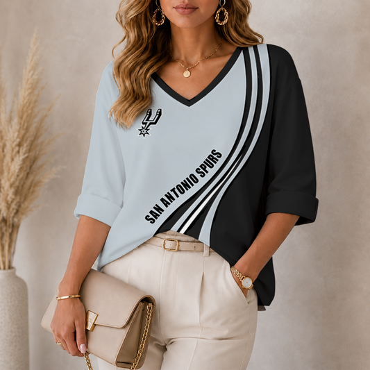 [HOT DEAL] NEW CUSTOMIZED NBA23 SAS SAN ANTONIO SPURS WOMEN'S HEART V-NECK LONG SLEEVE SHIRT